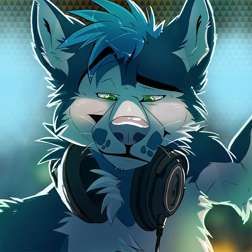 Artwork of a blue and white anthro husky looking down contentedly while wearing headphones. Artwork is by @mechanic\_coyote on Bluesky.