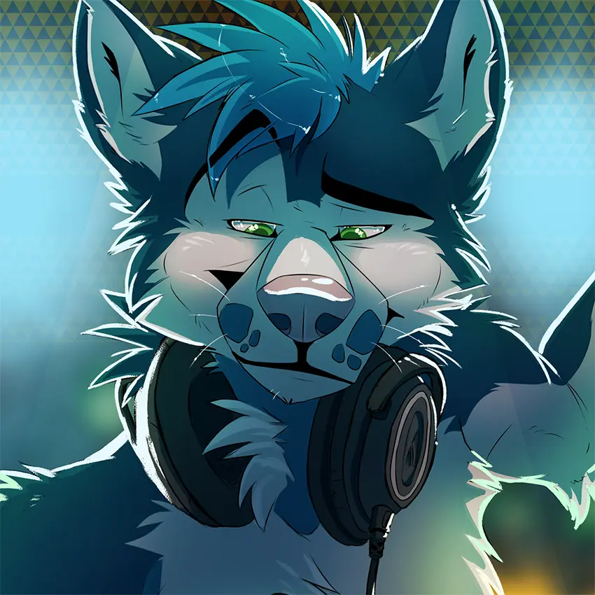 Artwork of a blue and white anthro husky looking down contentedly while wearing headphones.